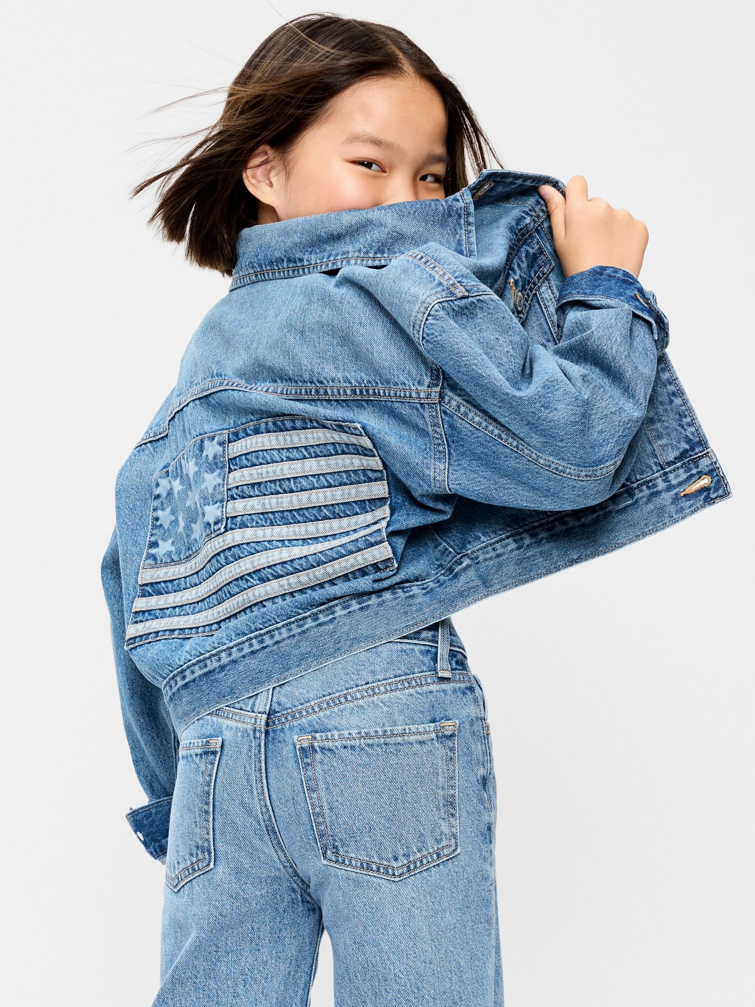 Oversized Cropped Denim Trucker Jacket for Girls