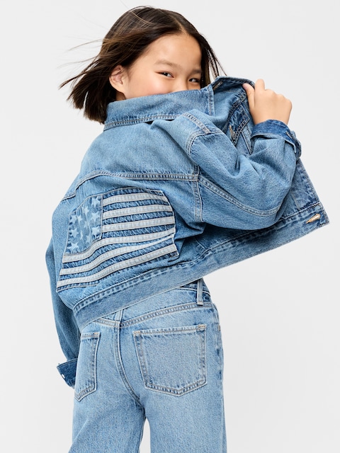 Oversized Lightweight Cropped Denim Trucker Jacket for Girls