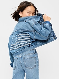 Image number 1 showing, Oversized Cropped Denim Trucker Jacket for Girls