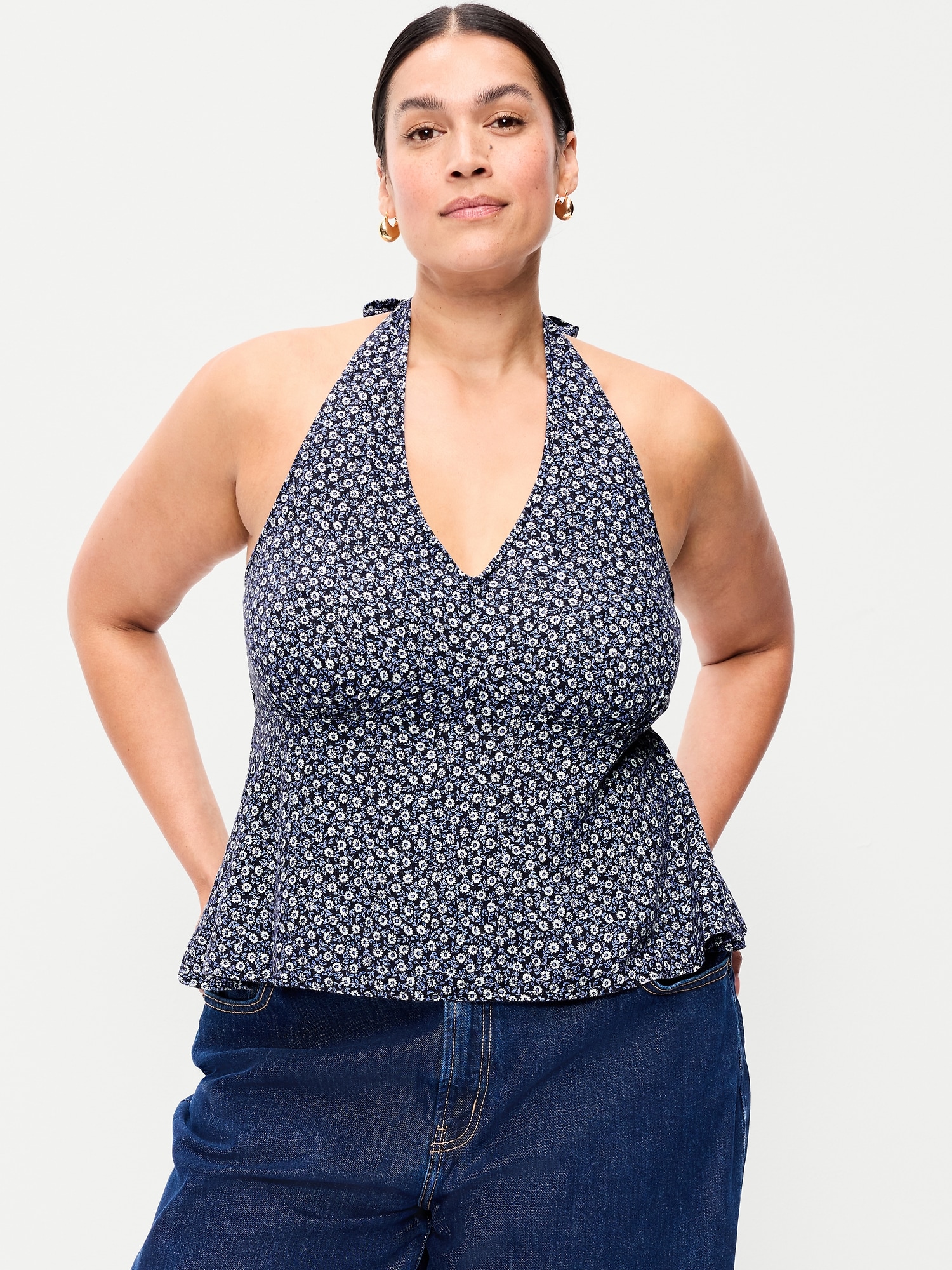 Linen-Blend V-Neck Halter Top