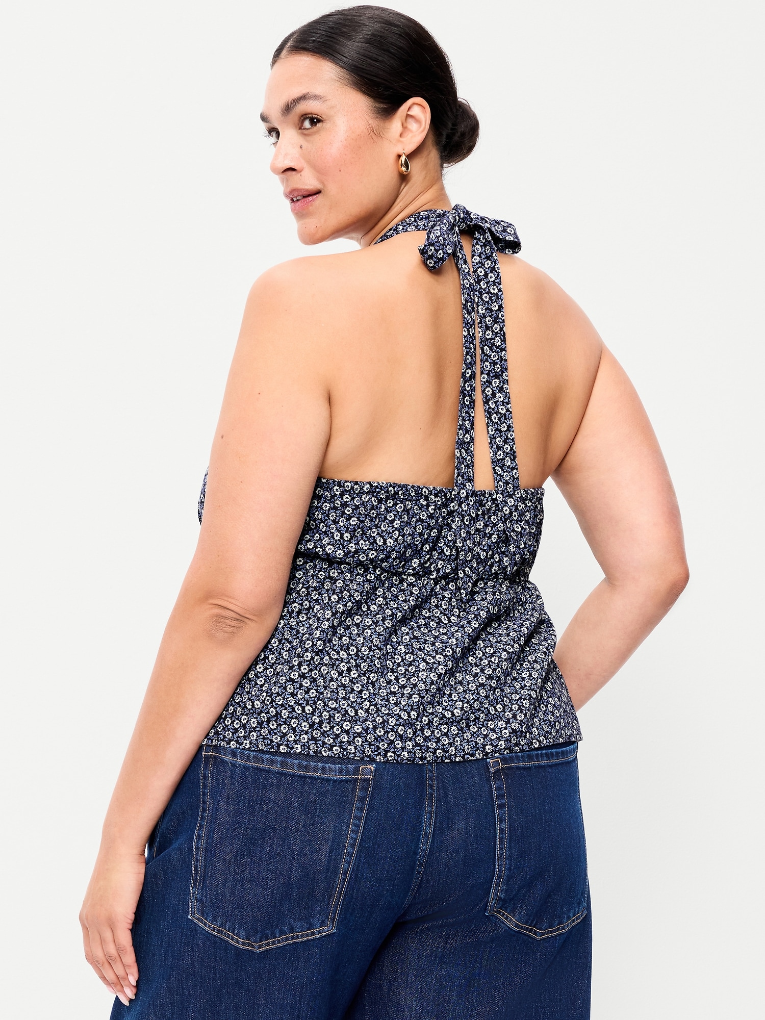 Linen-Blend V-Neck Halter Top