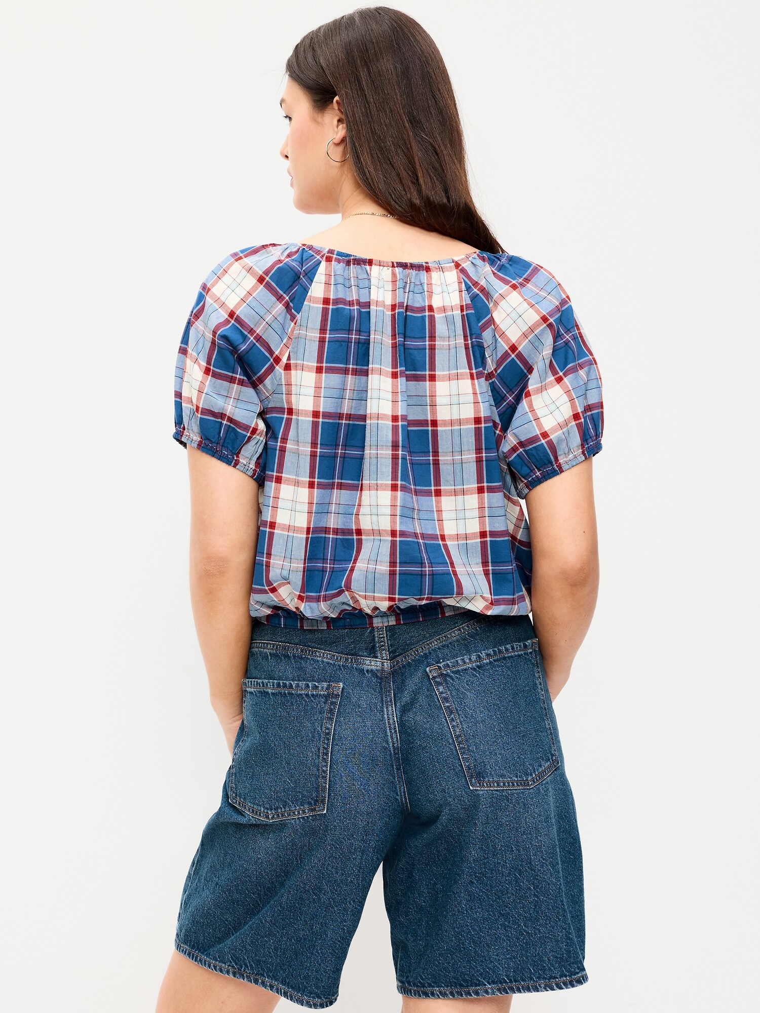Женский топ Old Navy Short-Sleeve Bubble Top, цвет: Синий клетчатый — фото 6