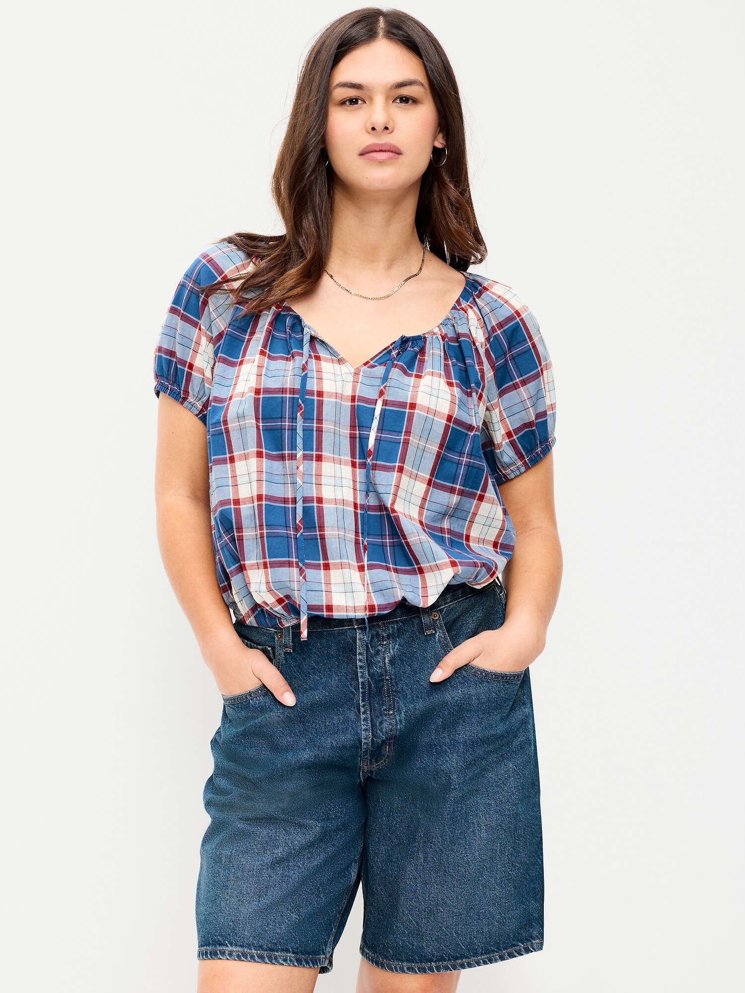 Женский топ Old Navy Short-Sleeve Bubble Top, цвет: Синий клетчатый — фото 5