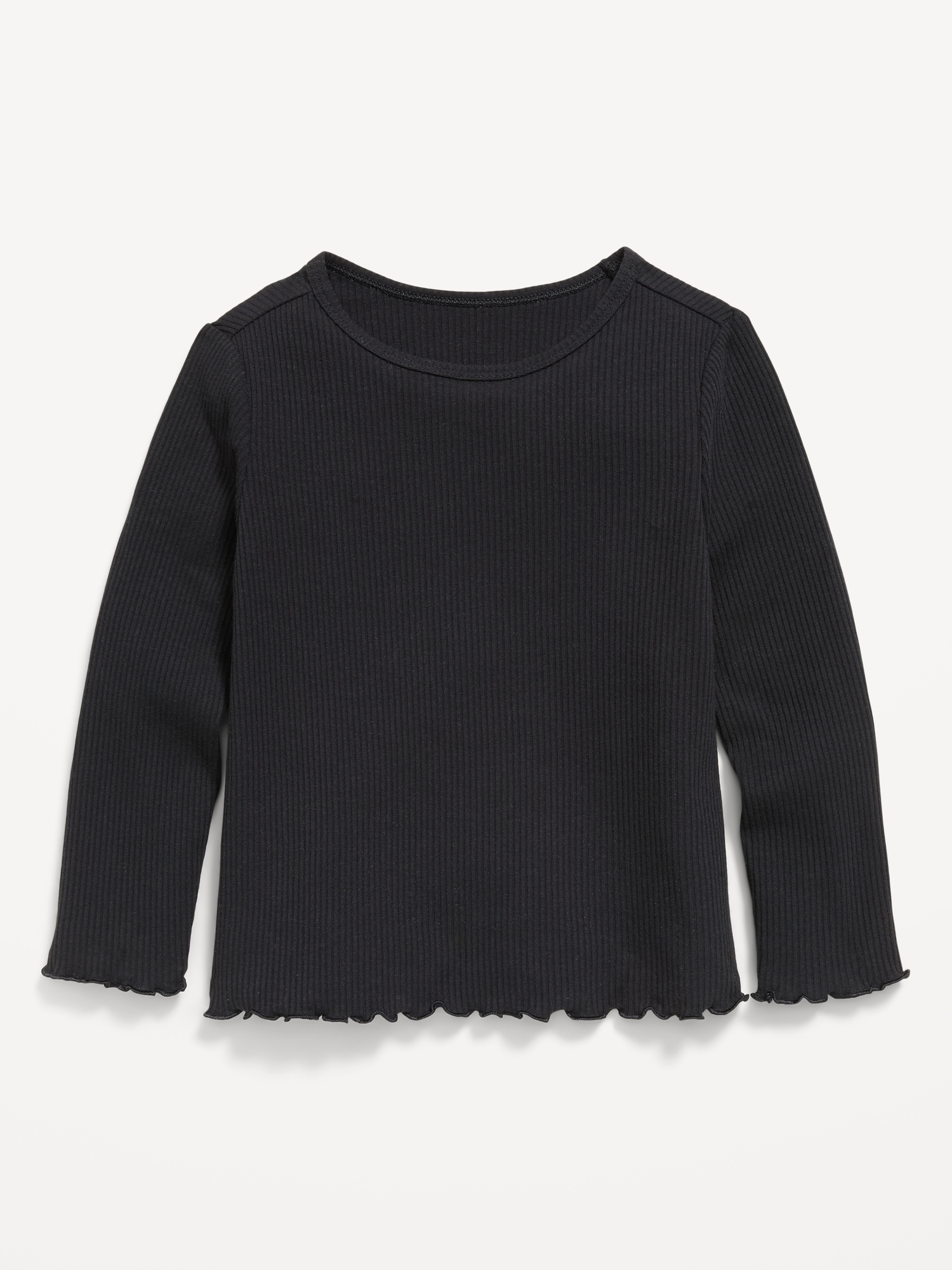 Fitted Long-Sleeve Ribbed Lettuce-Edge T-Shirt for Toddler Girls