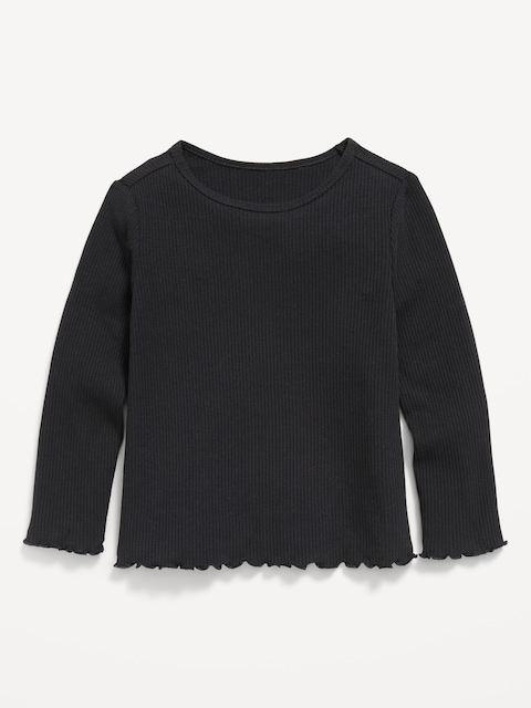 Fitted Long-Sleeve Ribbed Lettuce-Edge T-Shirt for Toddler Girls