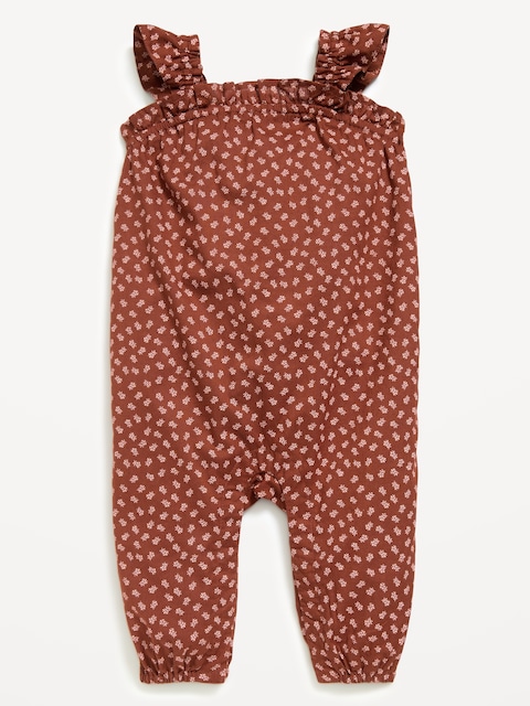 Printed Sleeveless Textured Ruffle-Trim Jumpsuit for Baby