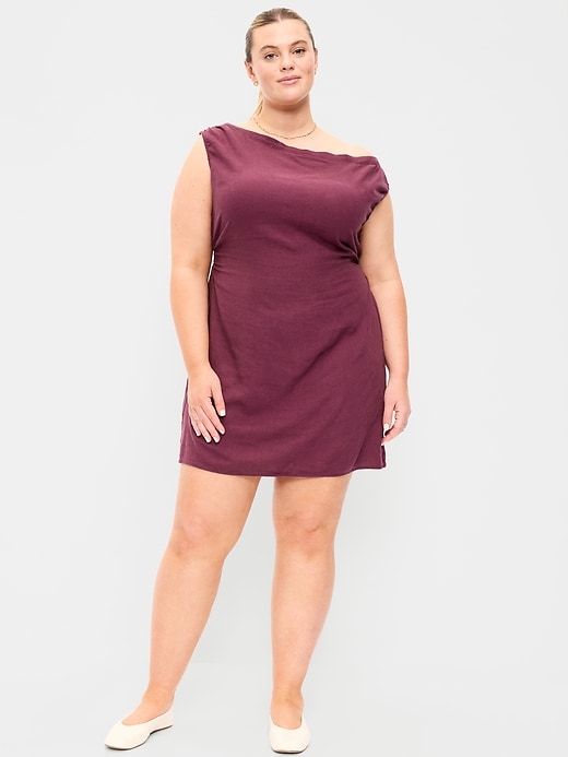 Image number 7 showing, Linen-Blend Asymmetrical Shoulder Mini Dress