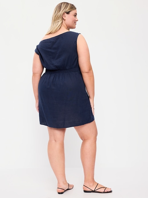 Image number 9 showing, Linen-Blend Asymmetrical Shoulder Mini Dress