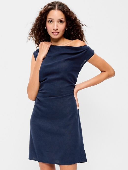 Image number 3 showing, Linen-Blend Asymmetrical Shoulder Mini Dress
