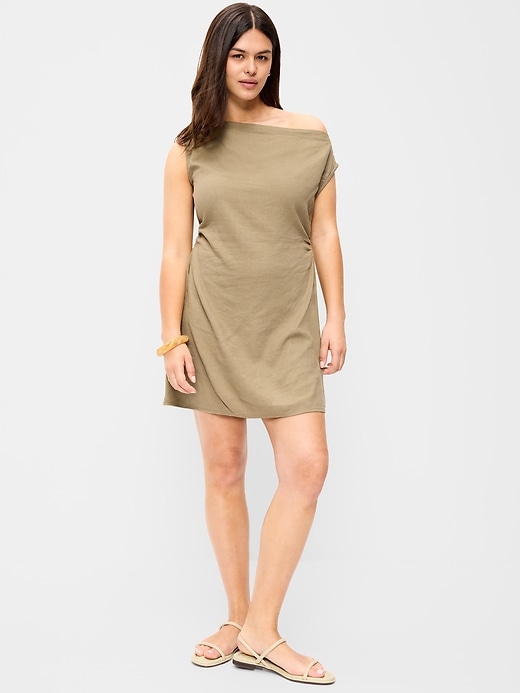Image number 6 showing, Linen-Blend Asymmetrical Shoulder Mini Dress