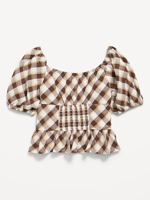 Image number 3 showing, Fitted Short Puff-Sleeve Crinkled Plaid Top for Girls