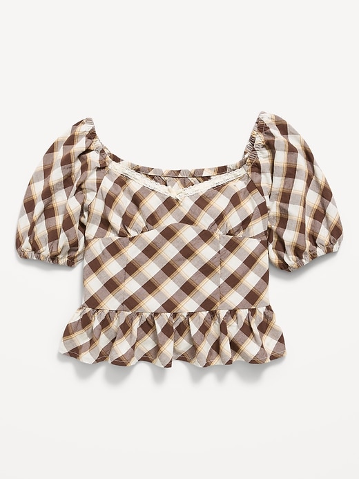 Image number 2 showing, Fitted Short Puff-Sleeve Crinkled Plaid Top for Girls