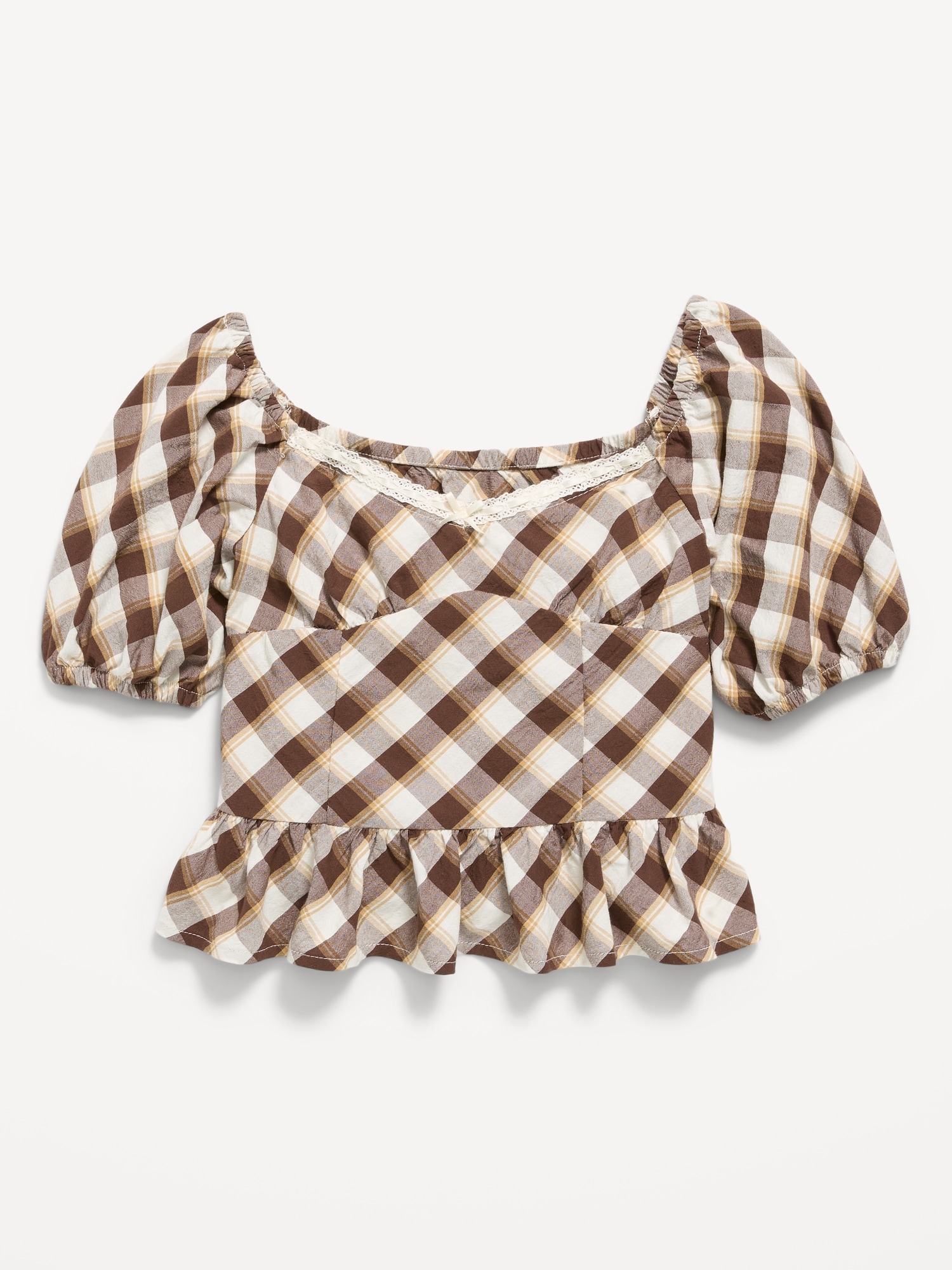 Fitted Short Puff-Sleeve Crinkled Plaid Top for Girls