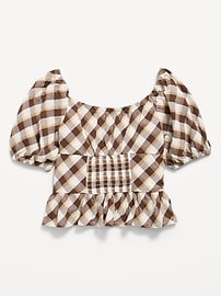 Image number 3 showing, Fitted Short Puff-Sleeve Crinkled Plaid Top for Girls