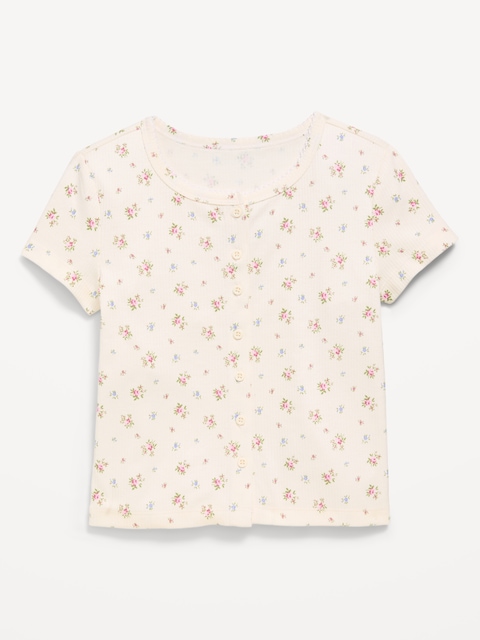 Fitted Short-Sleeve Ribbed Button-Front Top for Girls