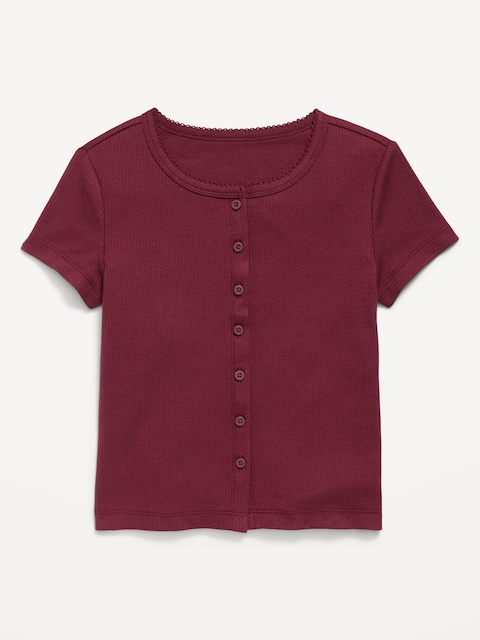Fitted Short-Sleeve Ribbed Button-Front Top for Girls