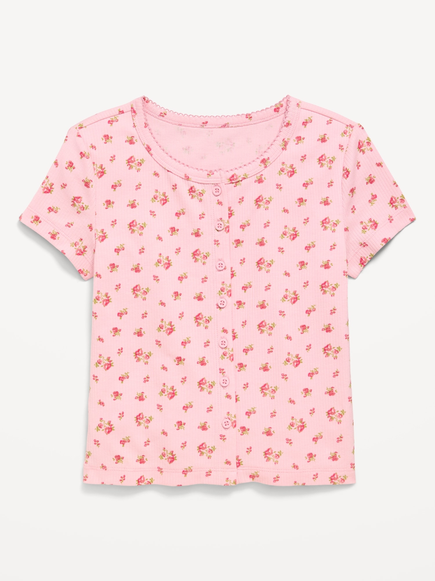 Fitted Short-Sleeve Ribbed Button-Front Top for Girls