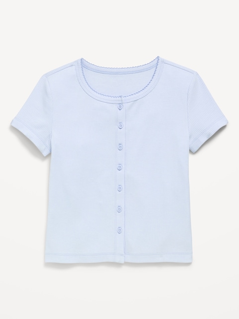 Fitted Short-Sleeve Ribbed Button-Front Top for Girls