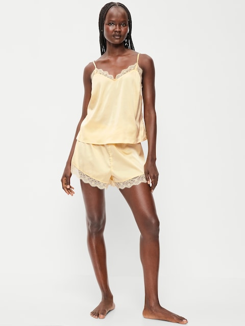 Satin Lace-Trim Pajama Tank and Shorts Set