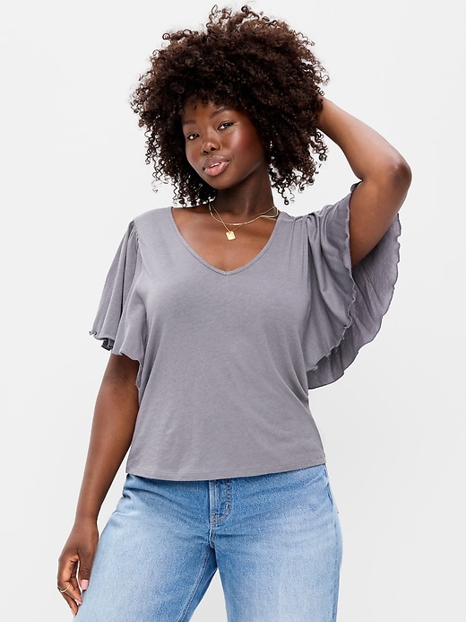 Image number 5 showing, V-Neck Flutter Sleeve Top