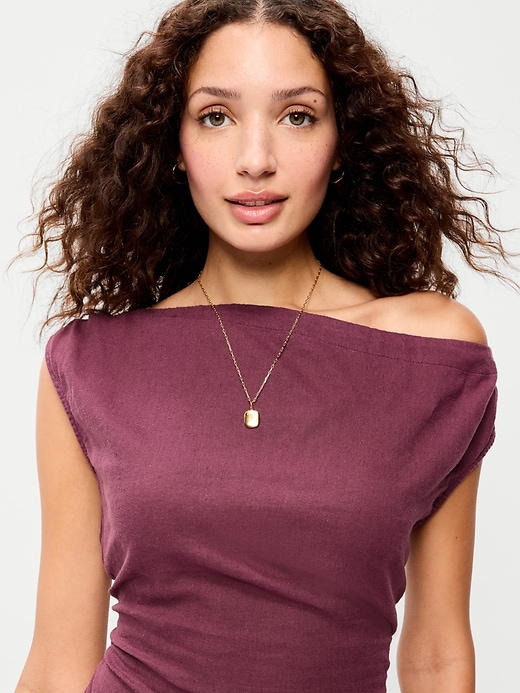 Image number 4 showing, Linen-Blend Asymmetrical Shoulder Mini Dress
