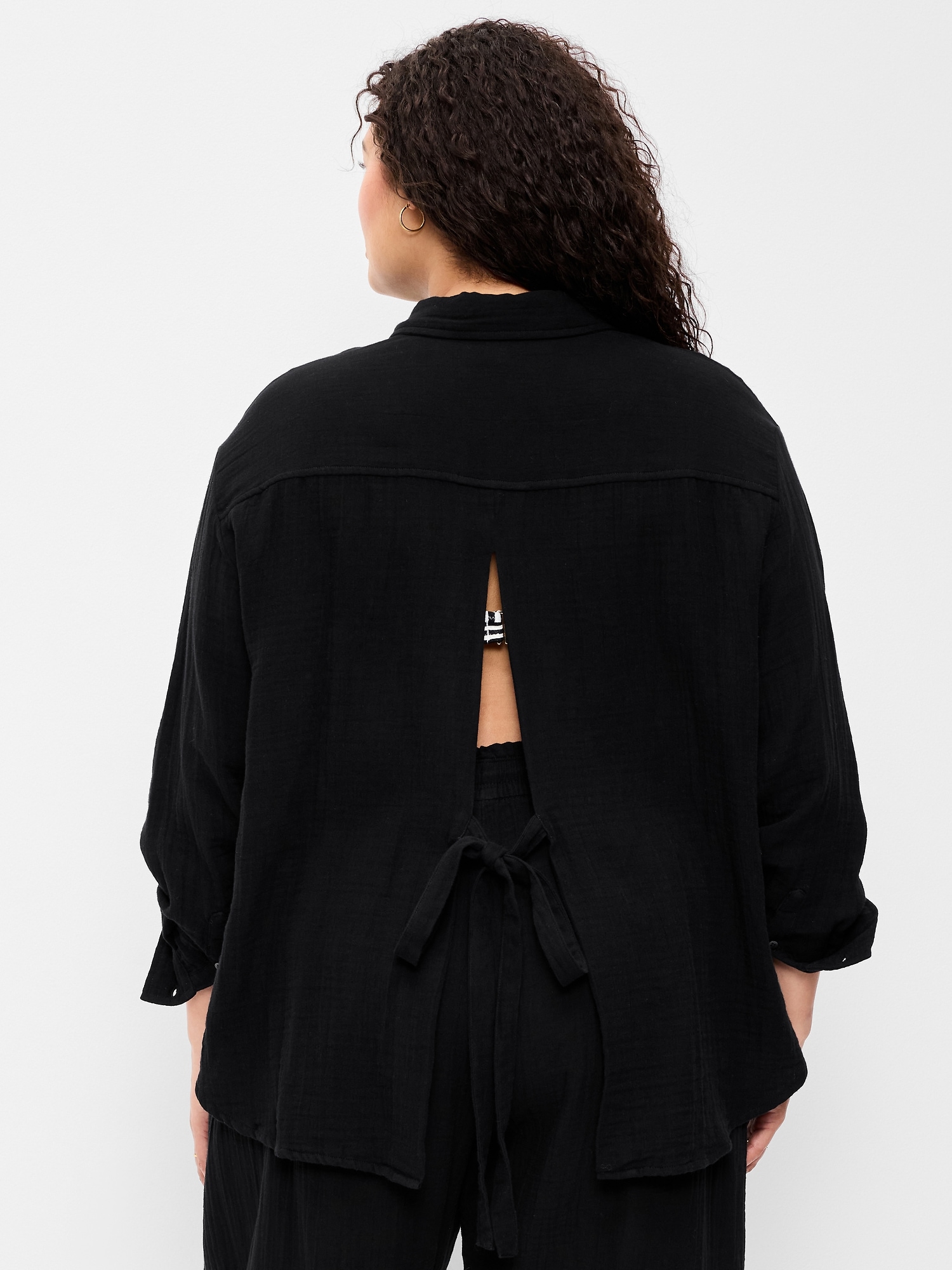 Open-Back Crinkle Gauze Button-Down Shirt