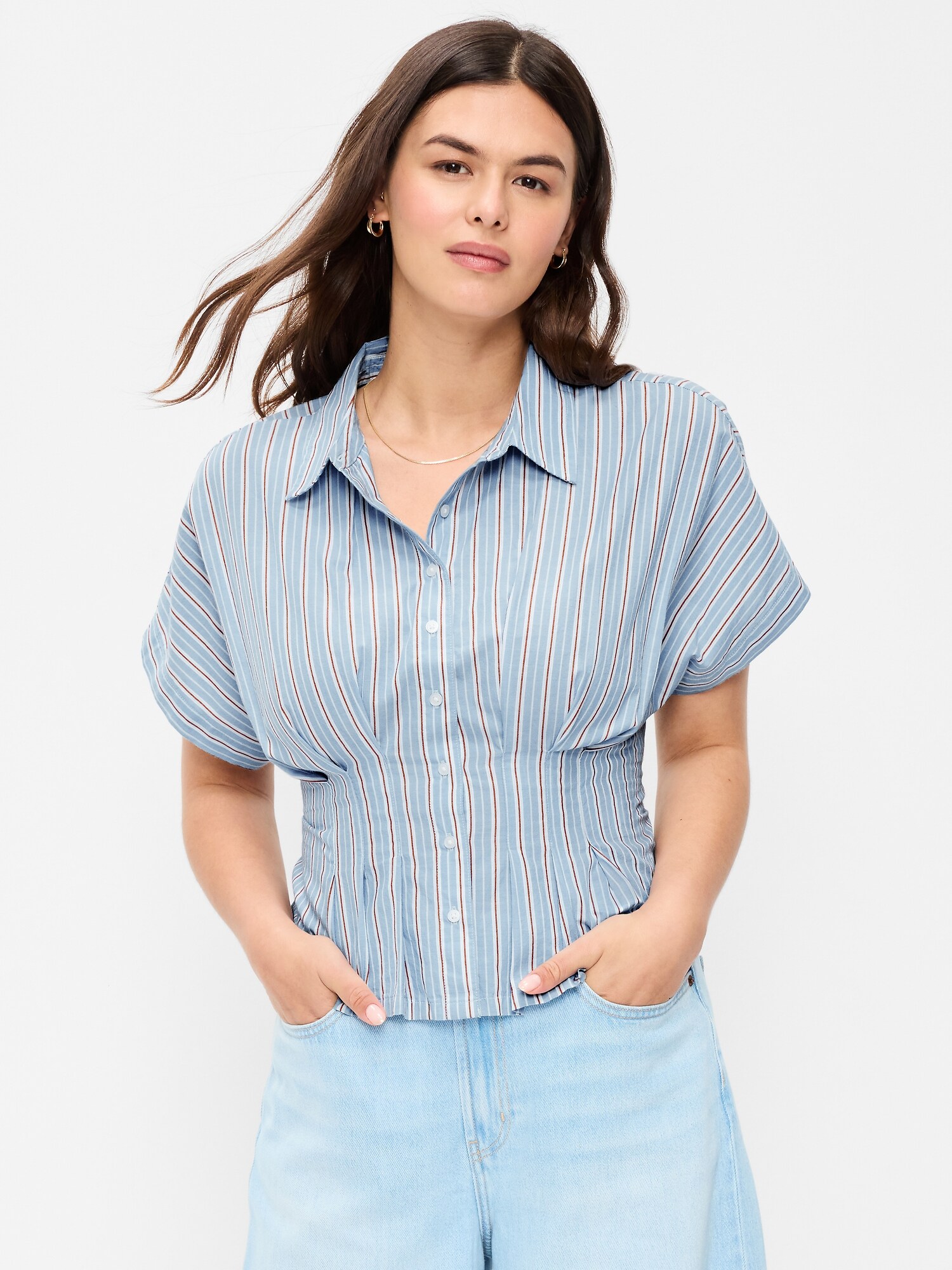Женская рубашка Old Navy Slim-Waisted Button-Down, цвет: Синий полосатый — фото 5