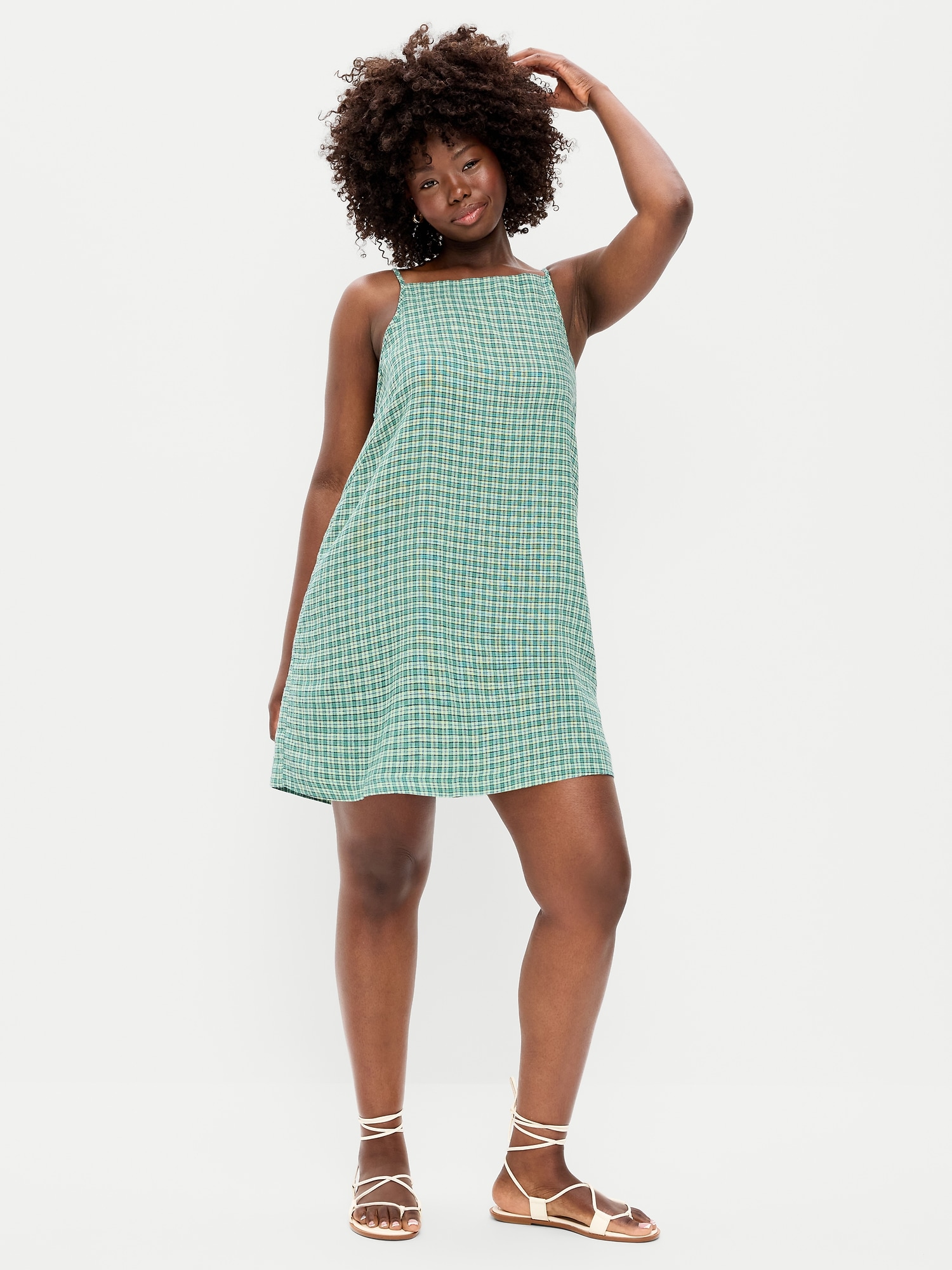 Linen-Blend Apron-Neck Mini Shift Dress