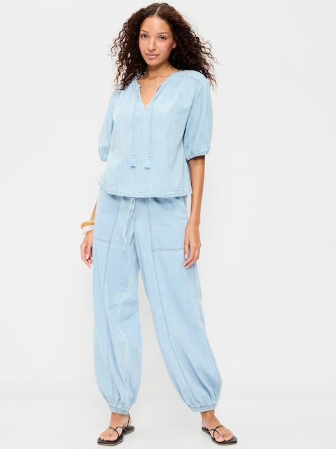 Mid-Rise Pull-On Utility Harem Denim Pants
