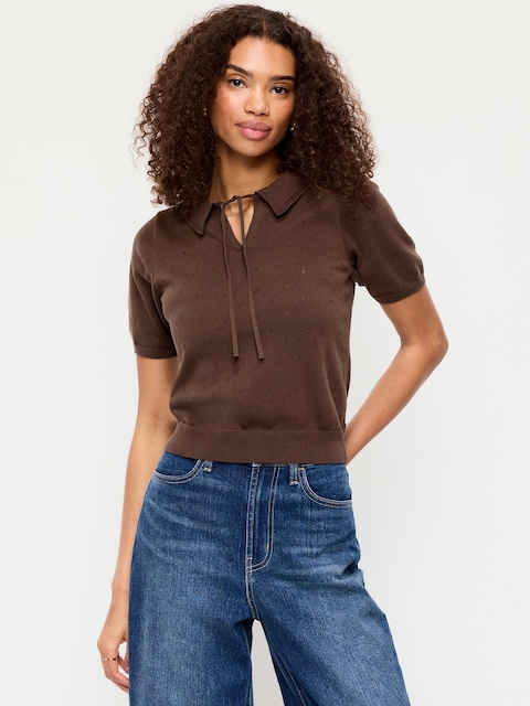 Tie-Front Seaside Cotton Pointelle Cropped Polo