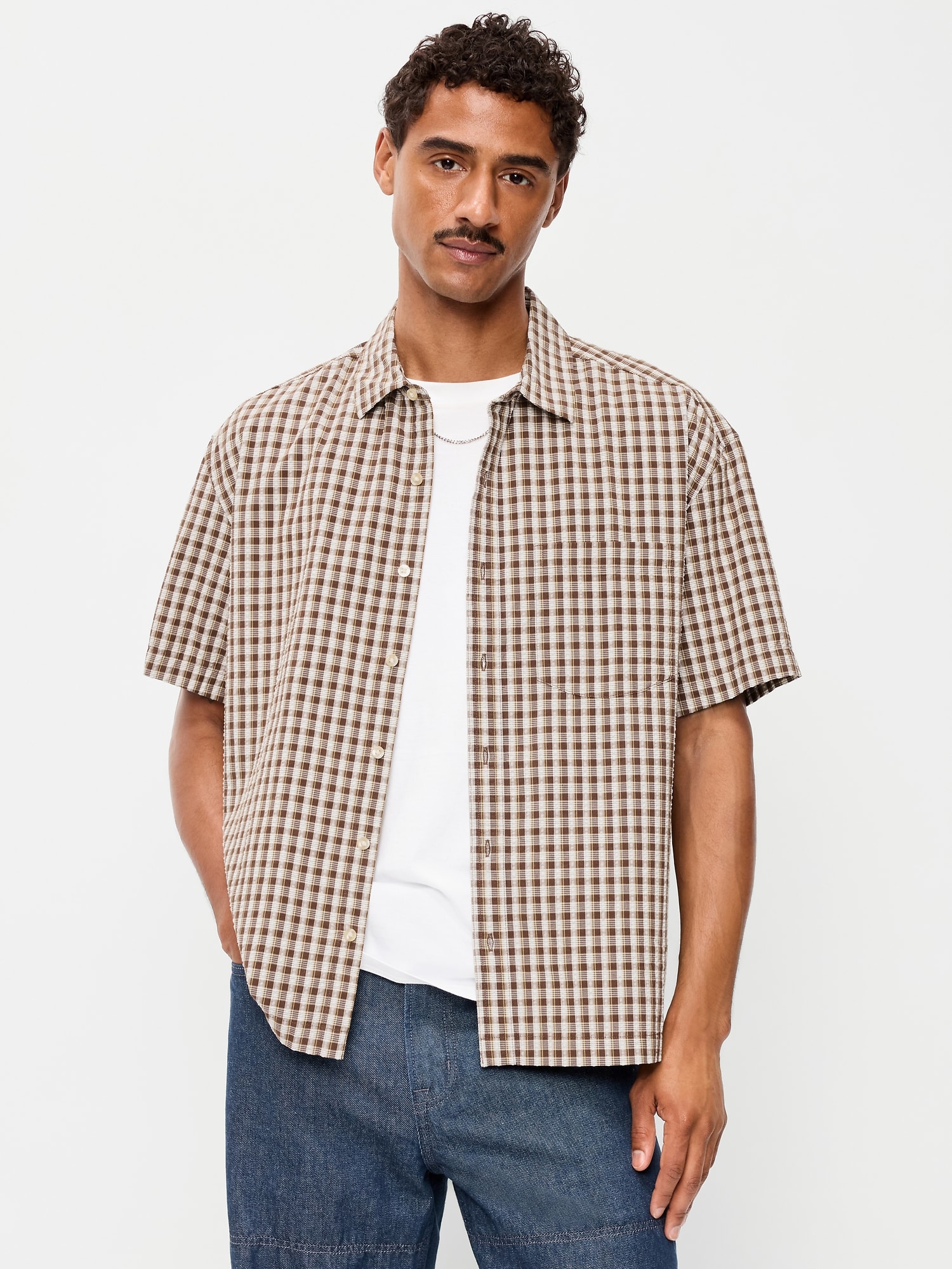 Loose Fit Textured Plaid Pocket Shirt
