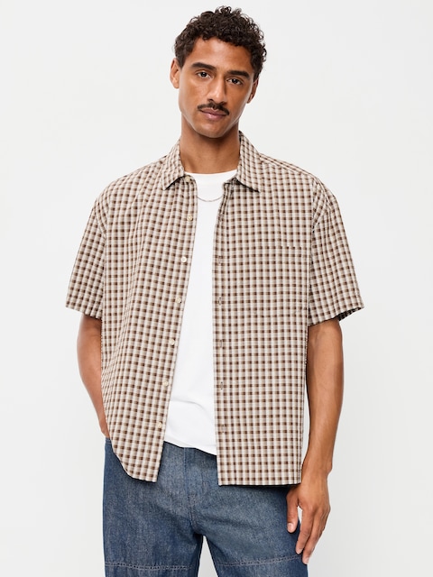 Loose Fit Textured Plaid Pocket Shirt