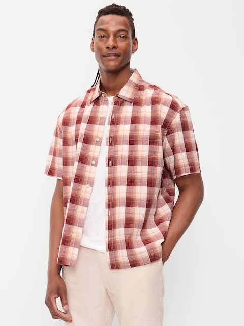 Loose Fit Textured Plaid Pocket Shirt
