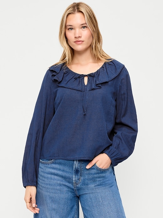 Image number 5 showing, Long-Sleeve Ruffle Tie-Neck Top