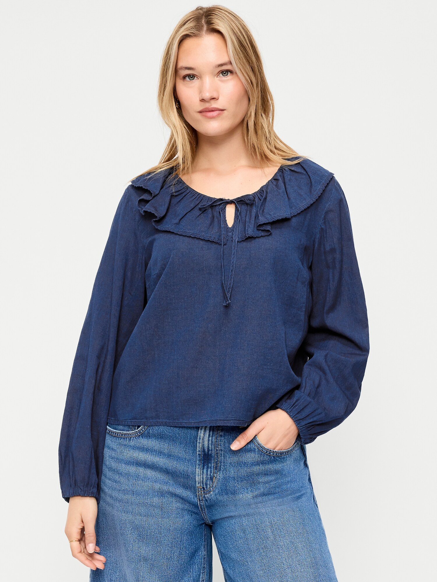 Long-Sleeve Ruffle Tie-Neck Top