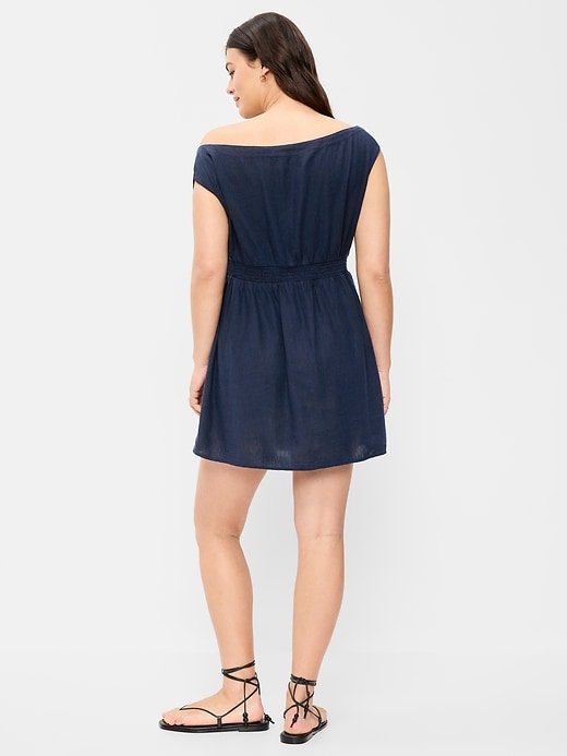 Image number 7 showing, Linen-Blend Asymmetrical Shoulder Mini Dress