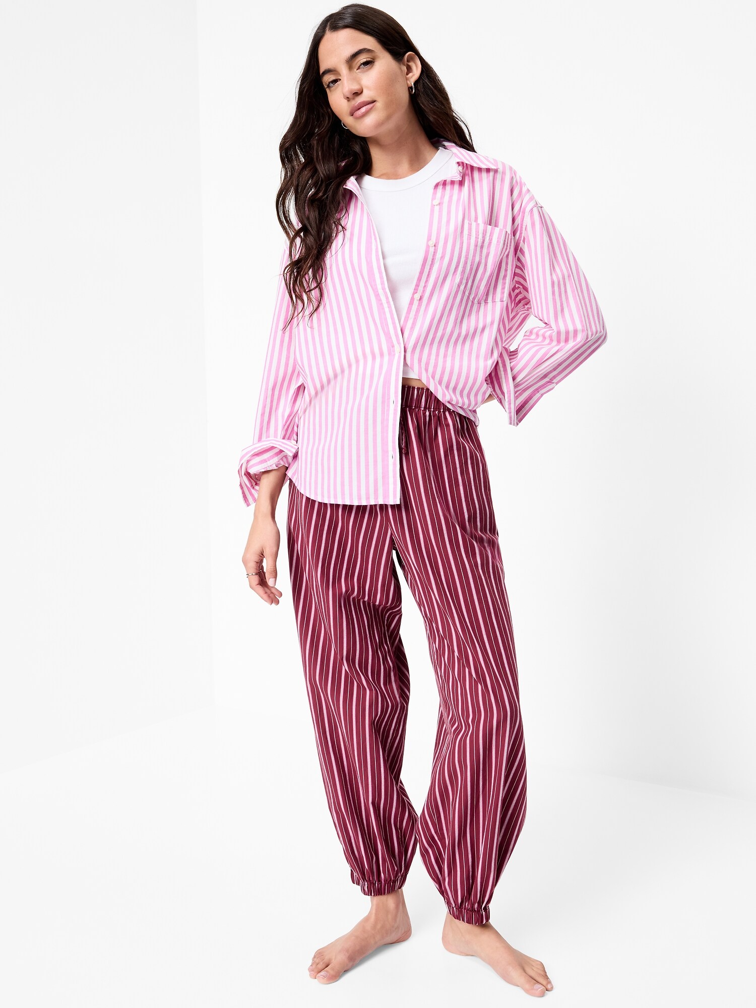 Женские брюки Old Navy Cinched Poplin Balloon, цвет: Бордовый полосатый — фото 3
