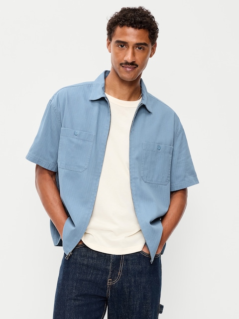 Loose Full-Zip Herringbone Workwear Shirt