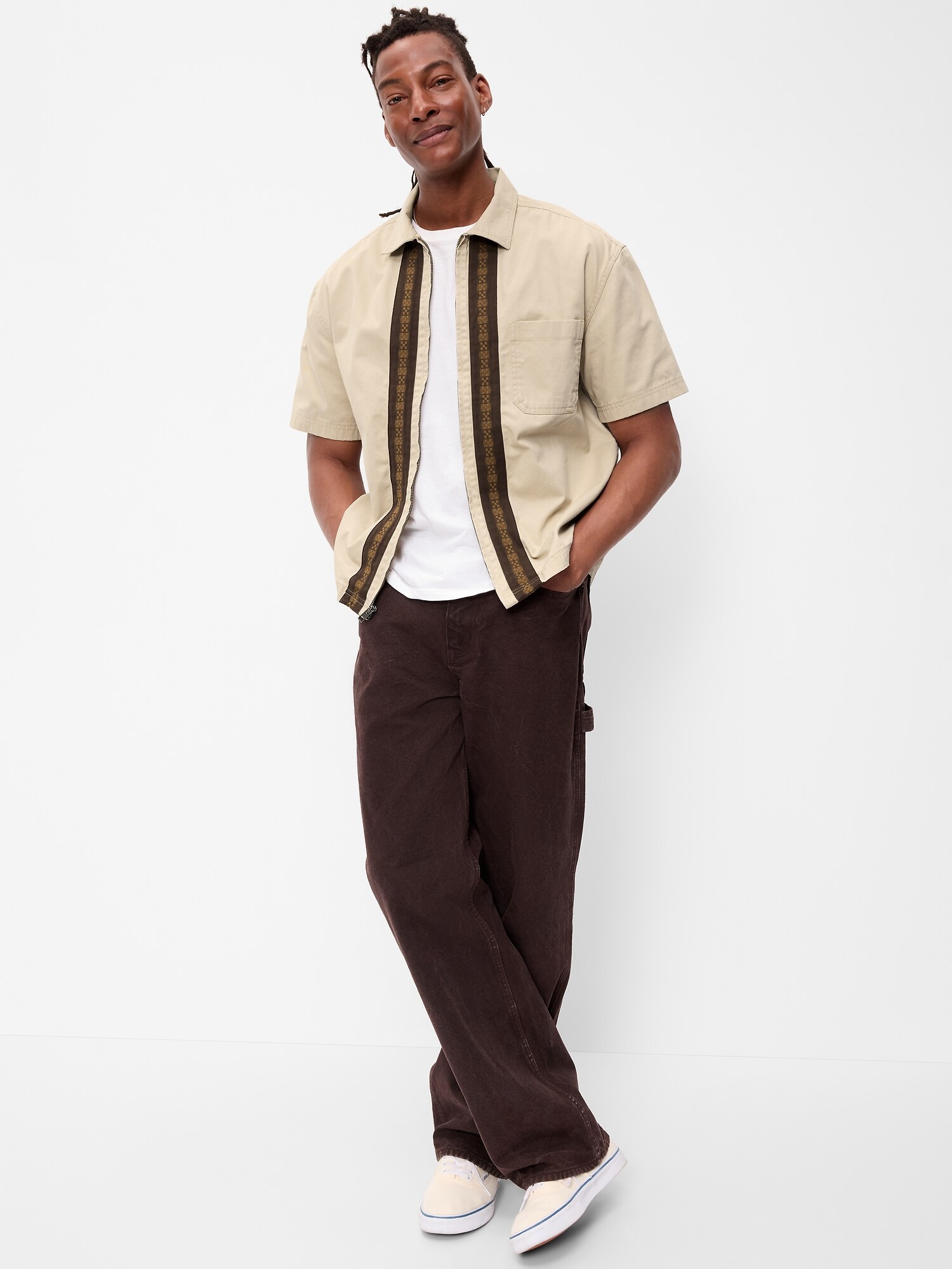 Мужская рубашка Old Navy Loose Full-Zip Twill Workwear, цвет: Серо-бежевый — фото 3