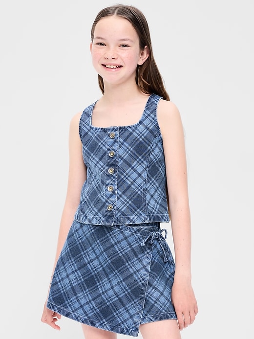 Image number 1 showing, Button-Front Plaid Denim Tank Top for Girls