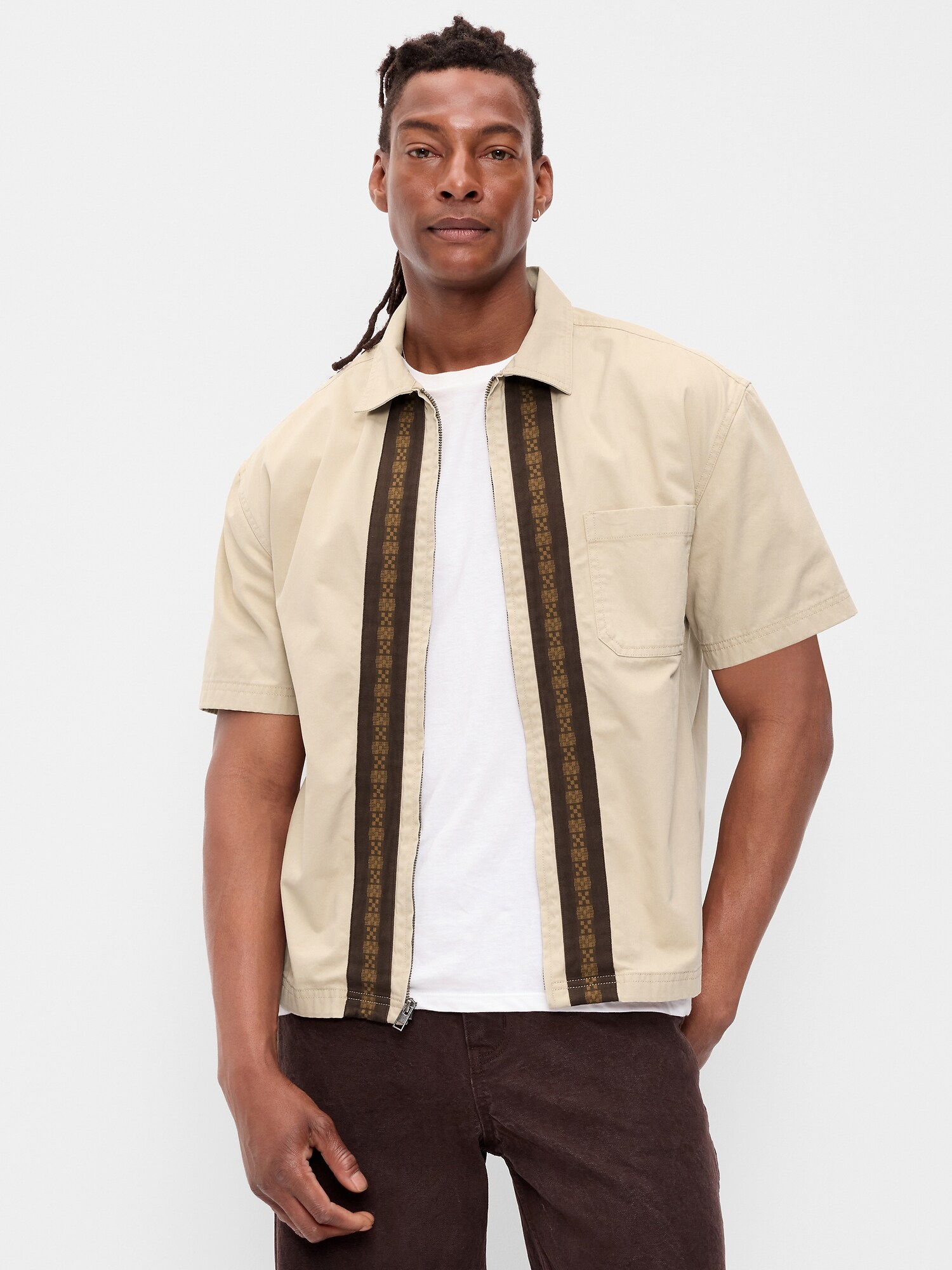 Мужская рубашка Old Navy Loose Full-Zip Twill Workwear, цвет: Серо-бежевый
