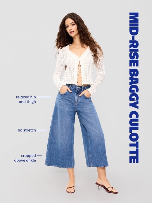 Image number 6 showing, Mid-Rise Baggy Wide-Leg Culotte Jeans