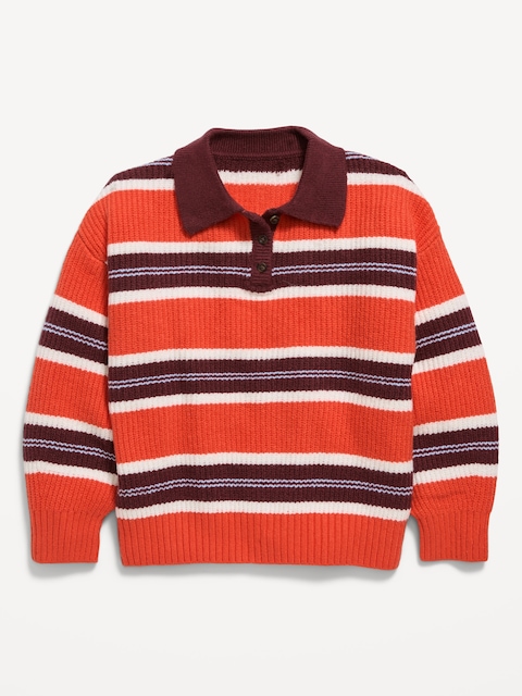 Oversized Long-Sleeve Rugby Polo Sweater for Girls