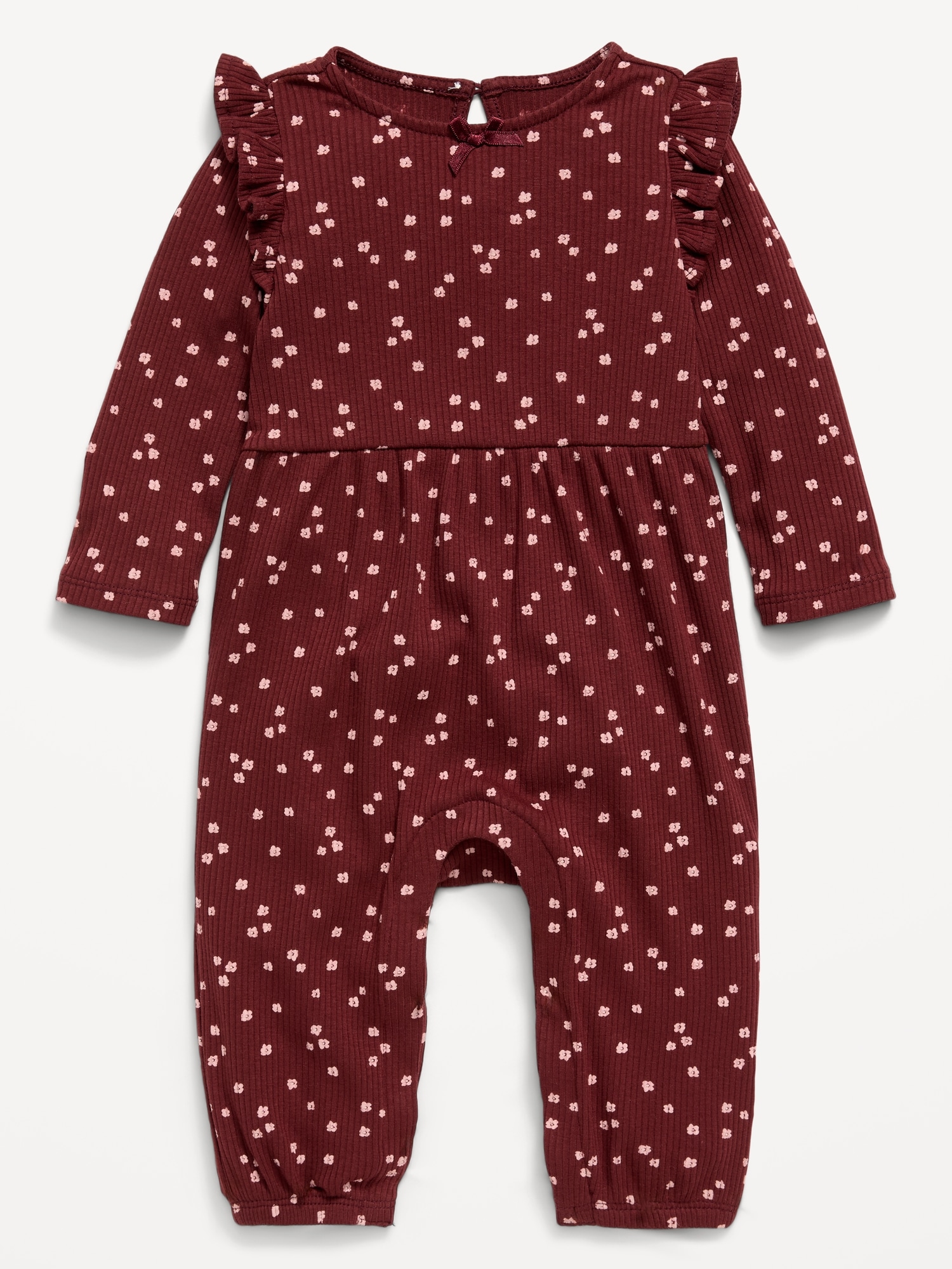 Printed Long-Sleeve Ribbed Ruffle-Trim Jumpsuit for Baby