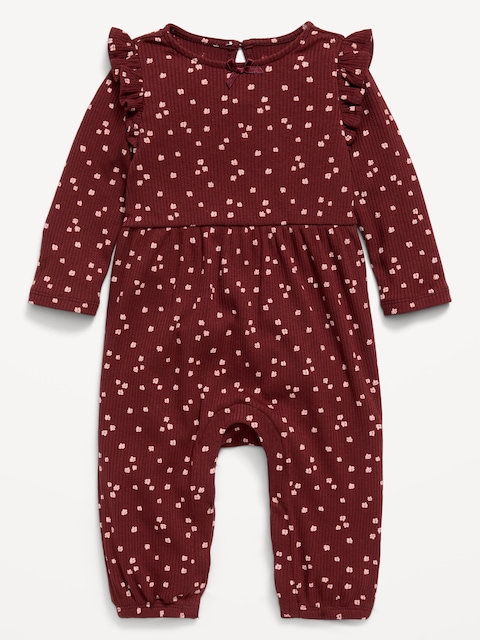 Printed Long-Sleeve Ribbed Ruffle-Trim Jumpsuit for Baby