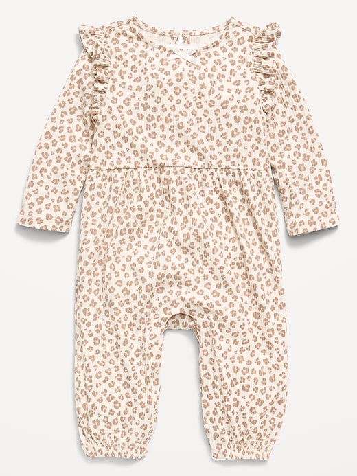 Image number 1 showing, Printed Long-Sleeve Ribbed Ruffle-Trim Jumpsuit for Baby