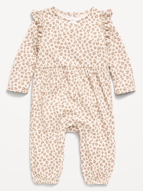 Printed Long-Sleeve Ribbed Ruffle-Trim Jumpsuit for Baby