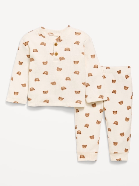 Long-Sleeve Waffle-Knit Henley Top and Pants Set for Baby