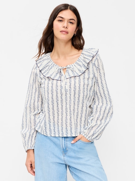 Image number 5 showing, Long-Sleeve Ruffle Tie-Neck Top