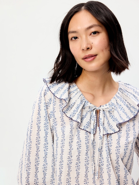 Long-Sleeve Ruffle Tie-Neck Top